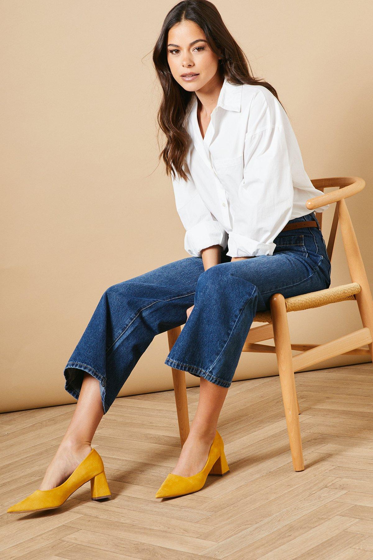 Oasis Vern Faux Suede Pointed Block Court Shoes Ochre image 1