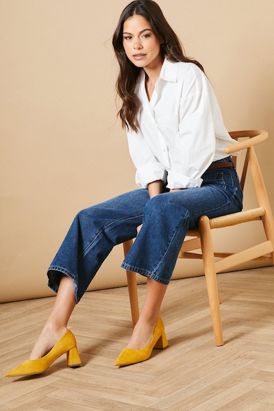 Oasis Vern Faux Suede Pointed Block Court Shoes Ochre