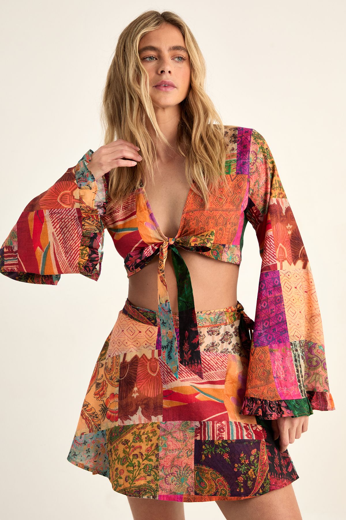 NastyGal Cotton Patchwork Tie Front Ruffle Volume Sleeve Crop Top Multi