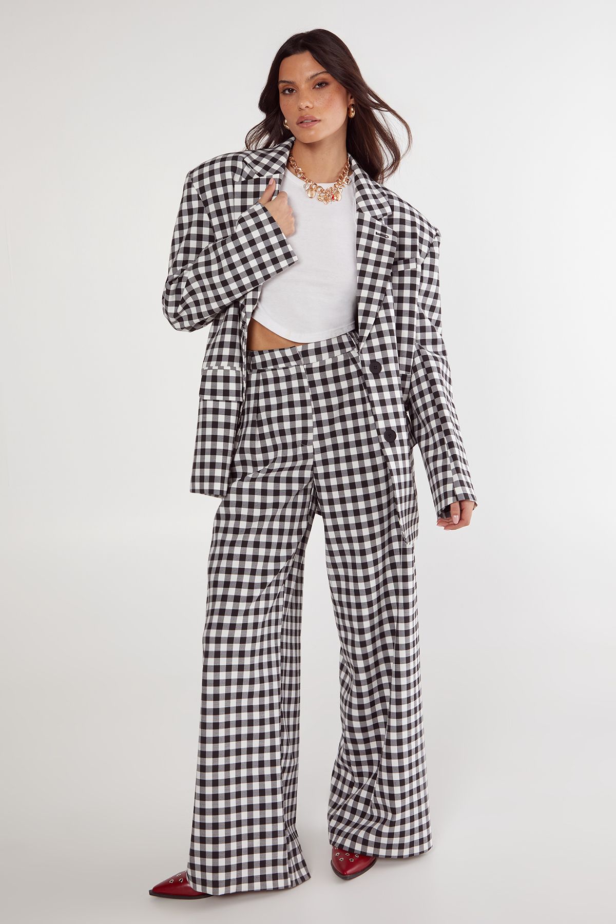 NastyGal Oversized Gingham Tailored Blazer Mono image 2