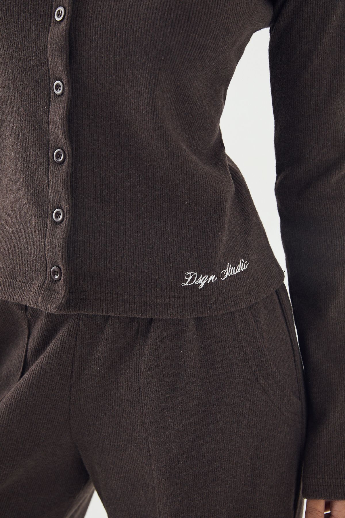 DSGN Studio DSGN Studio Brushed Rib Button Through Long Sleeve Top Chocolate image 4