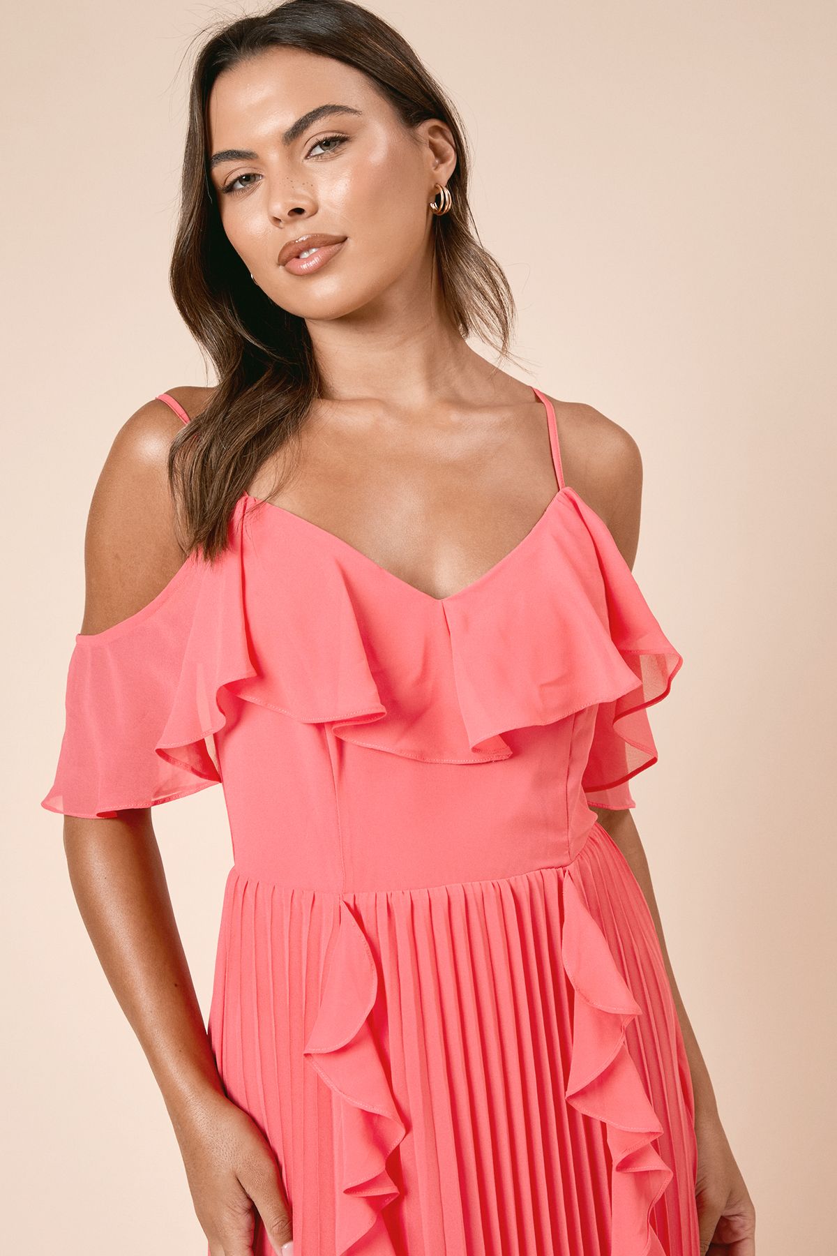 Dorothy Perkins DP Luxe Ruffle Front Cold Shoulder Midi Dress Coral image 3