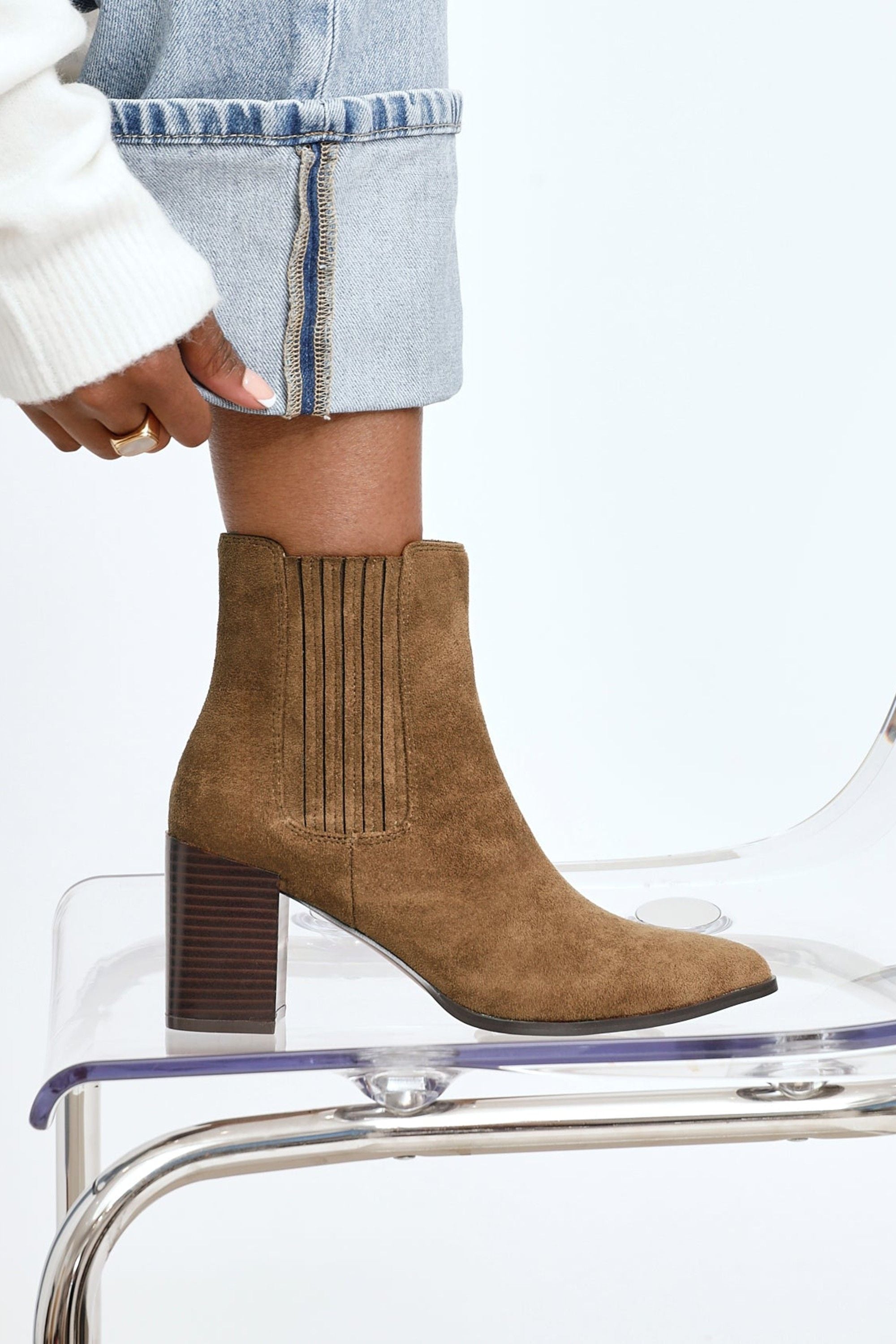 Linzi Thrive Tan Suede Pointed Toe Stacked Blook Heeled Boot image 6