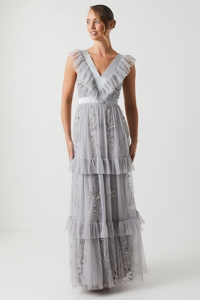 Coast Tiered Mesh Bridesmaid Dress With Embellishment Silver
