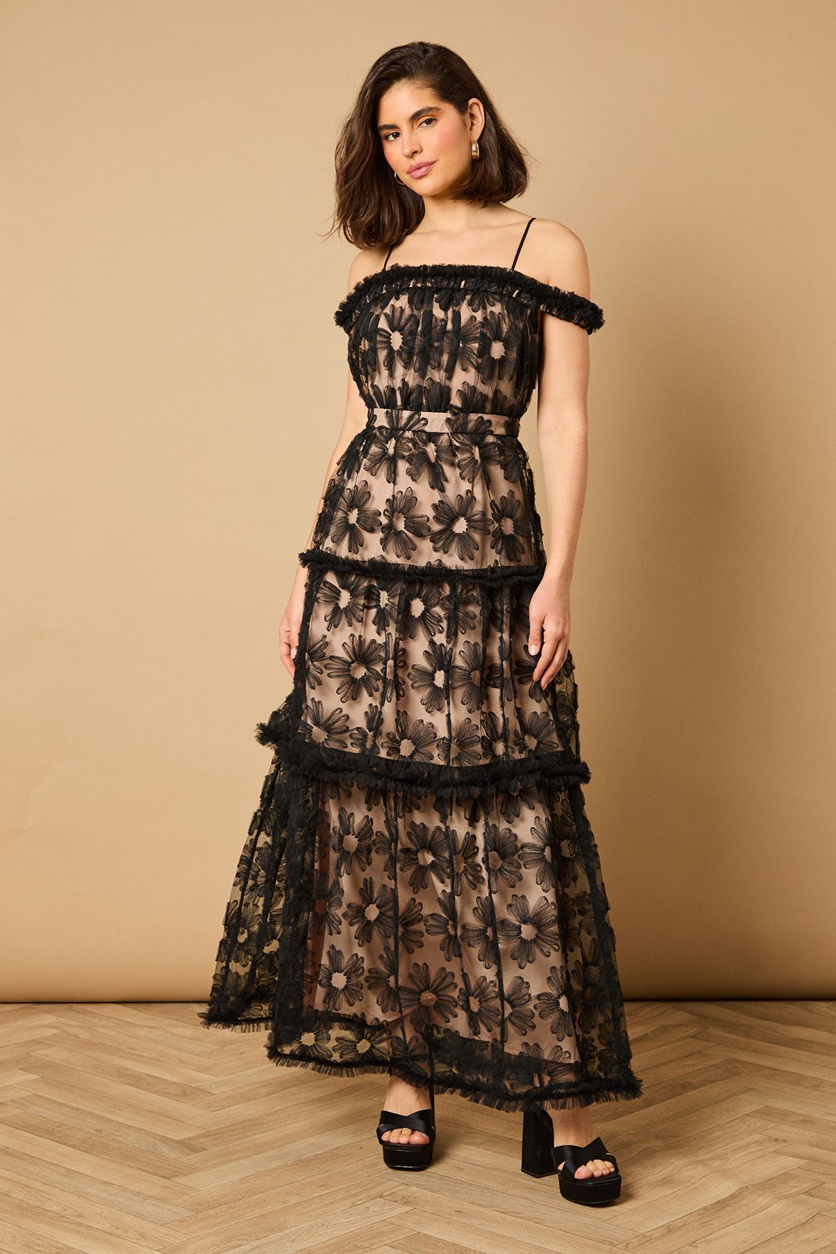 Oasis Mesh Floral Bardot Occasion Midi Dress Black image 1