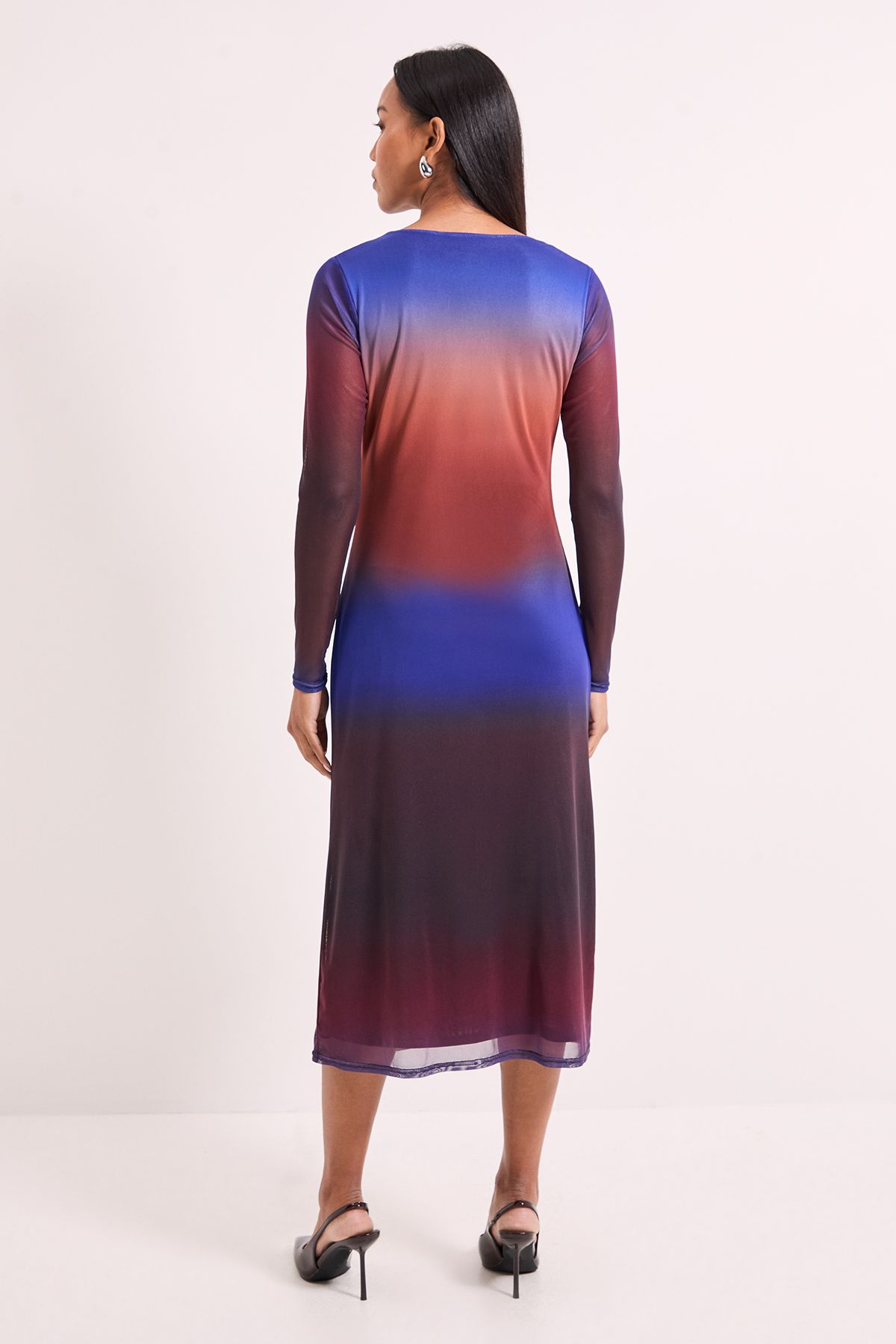 Principles Ruched Draw Chord Detail Ombre Mesh Midi Dress Blue image 3