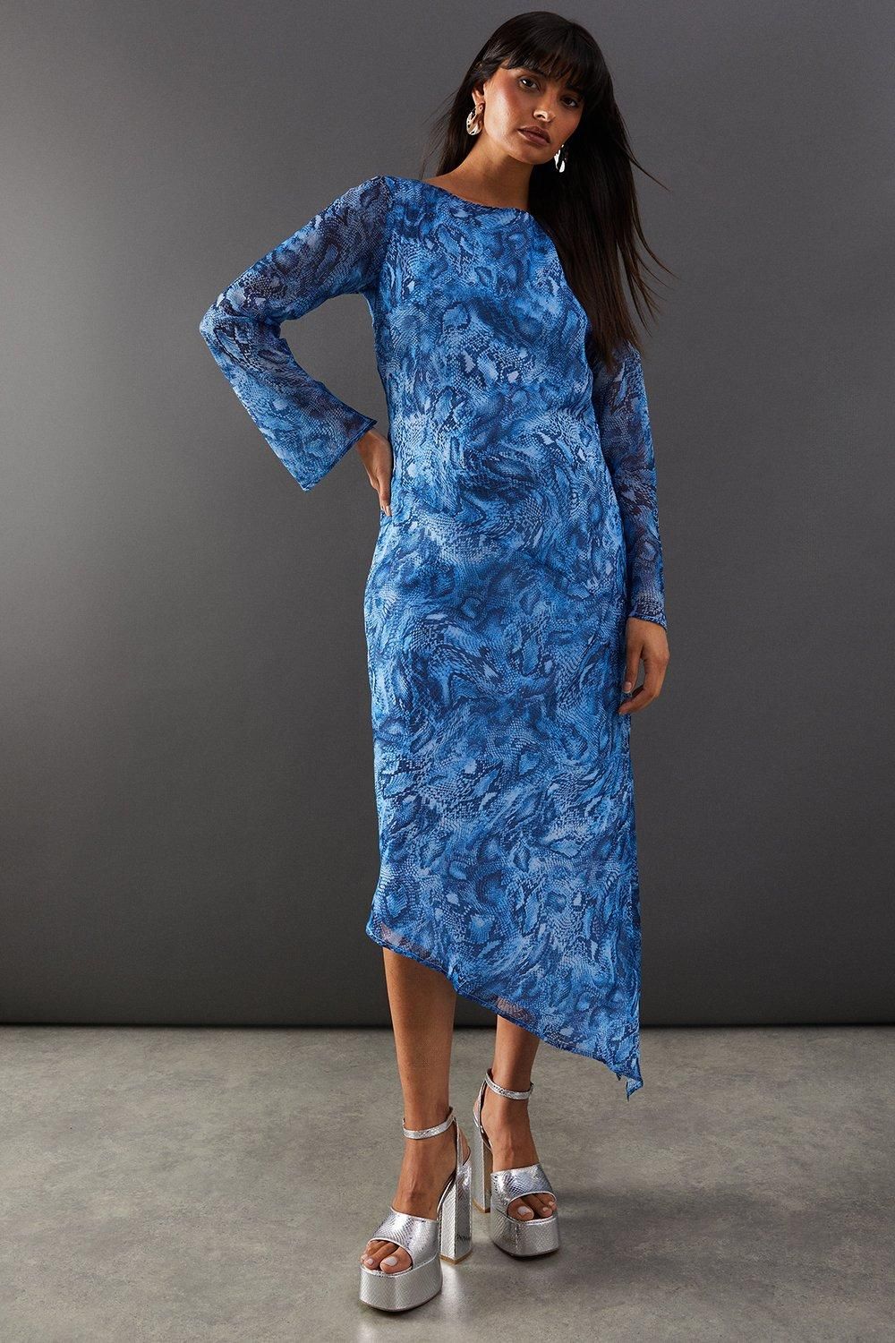 Warehouse Chiffon Snake Print Asymmetric Hem Flute Sleeve Midi Dress Blue