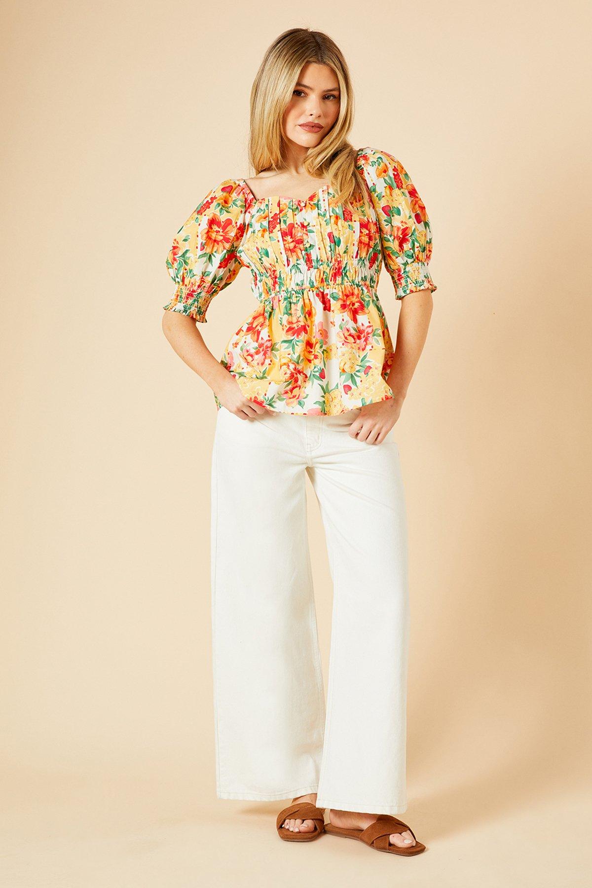 Dorothy Perkins Floral Ruched Bodice Puff Sleeve Peplum Top Floral image 2