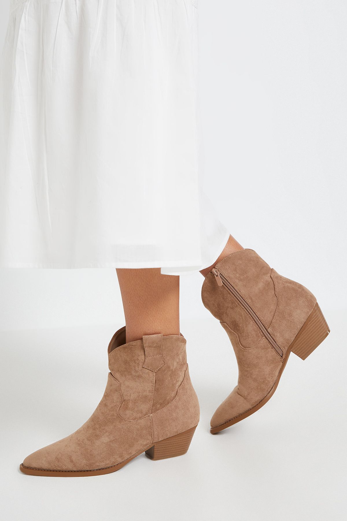 Dorothy Perkins Evie Faux Suede Western Ankle Boots Beige