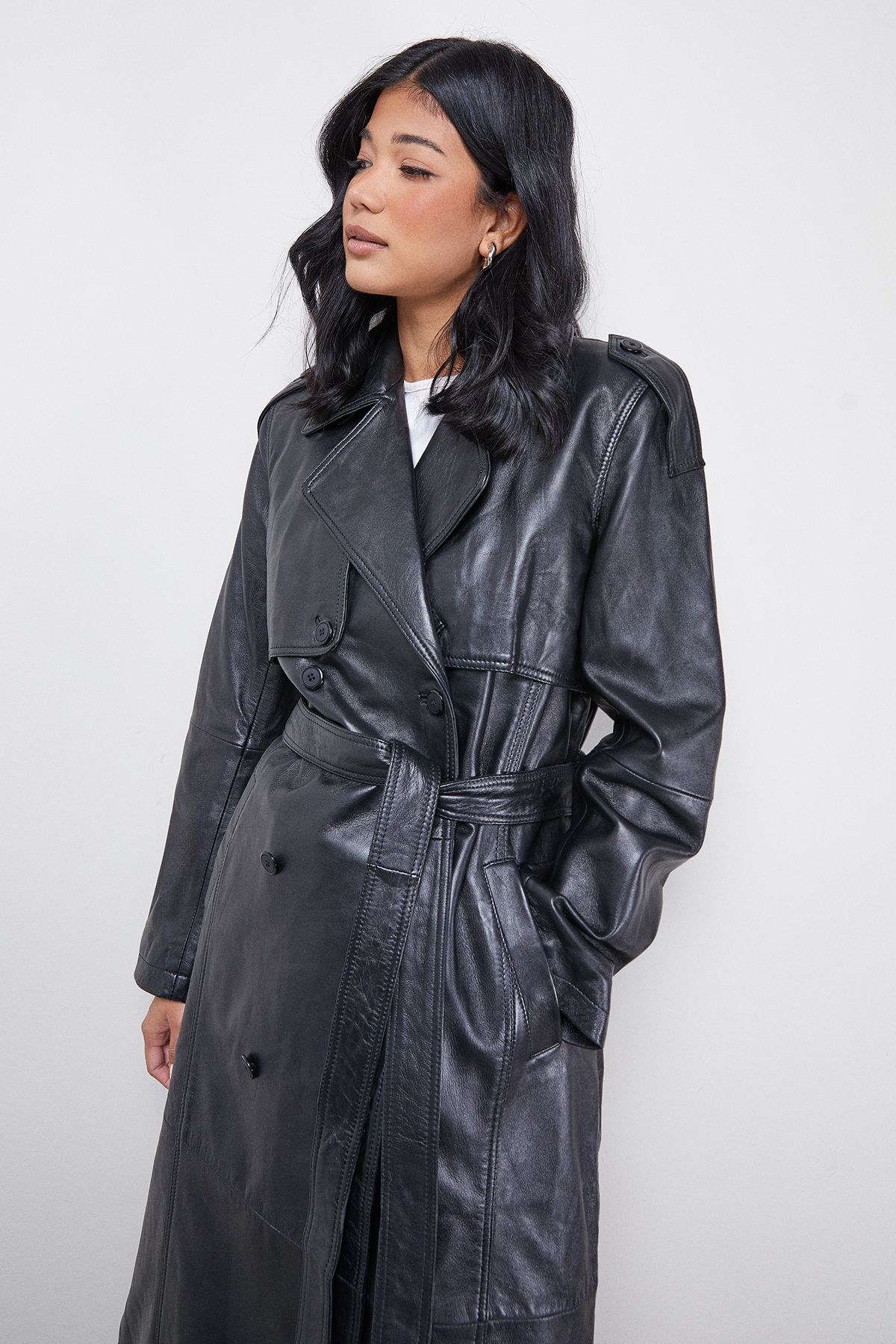 Warehouse Real Leather Belted Trench Coat Black image 4