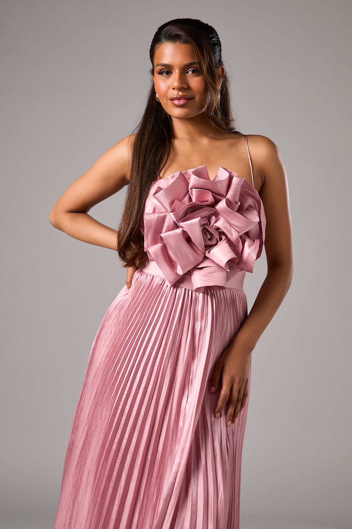 Coast Petite Metallic Strappy Pleated Corsage Maxi Dress Pink image 2