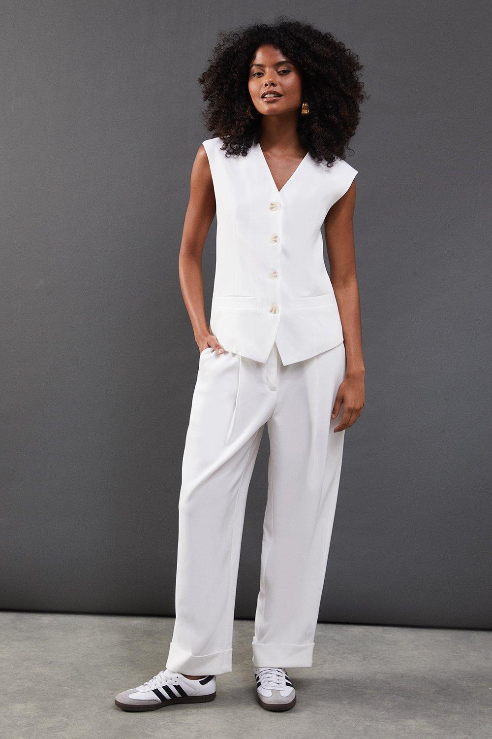 Warehouse Premium Wide Leg Turn Up High Waisted Trouser Ivory image 1