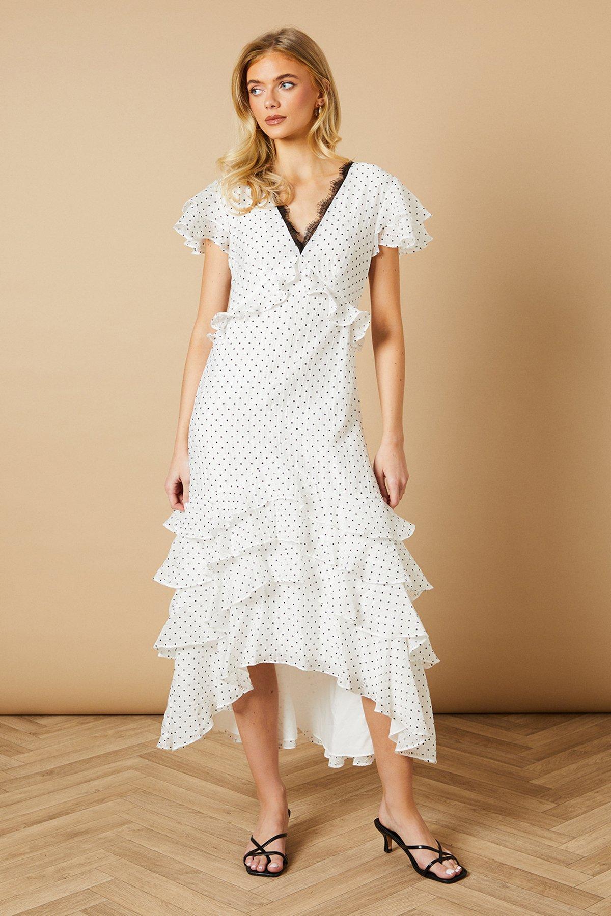 Oasis Spot Ruffle Tiered Lace Midi Dress White image 1