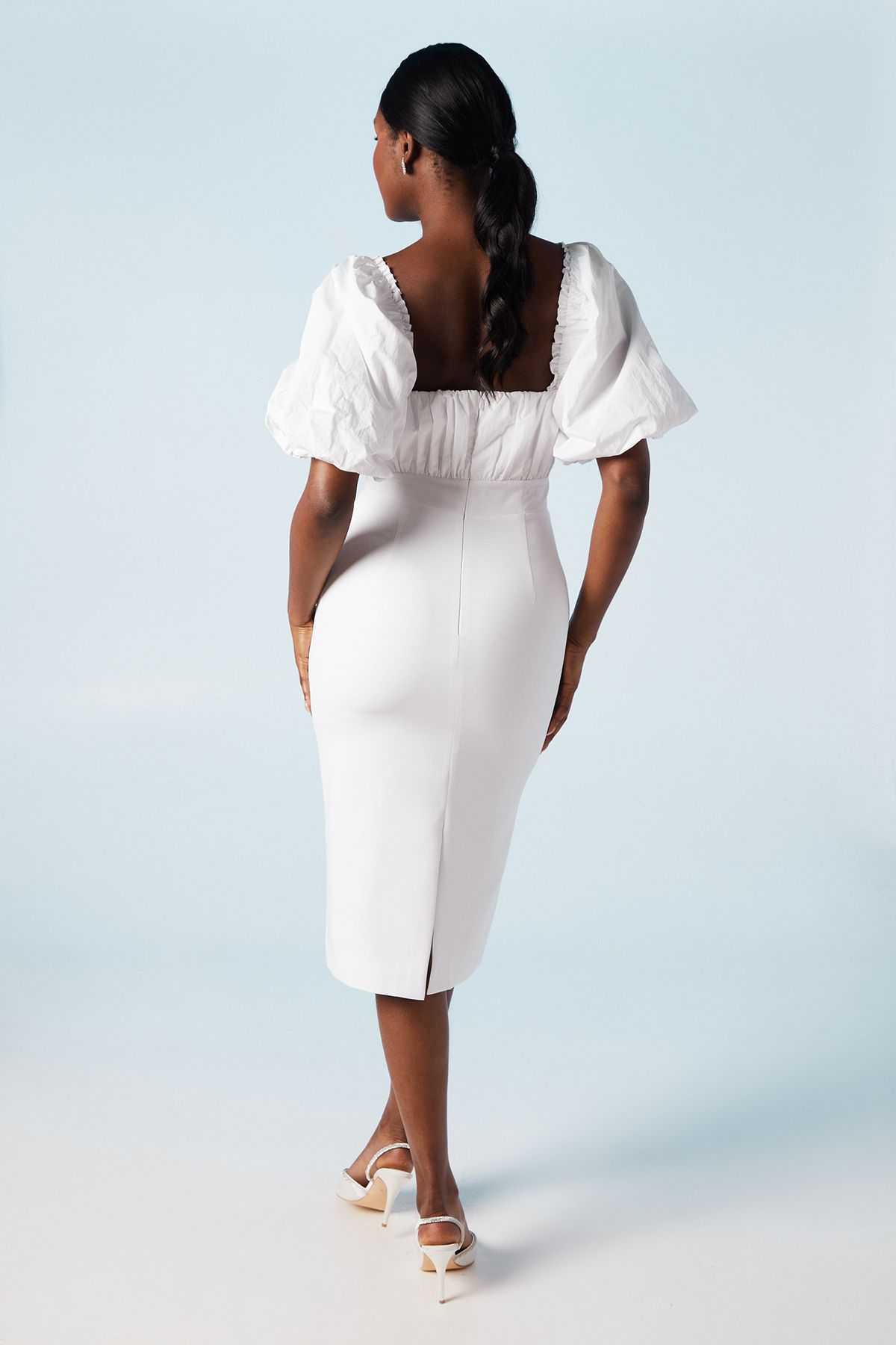 Coast Ruched Bodice Puff Sleeve Column Wedding Dress White image 3