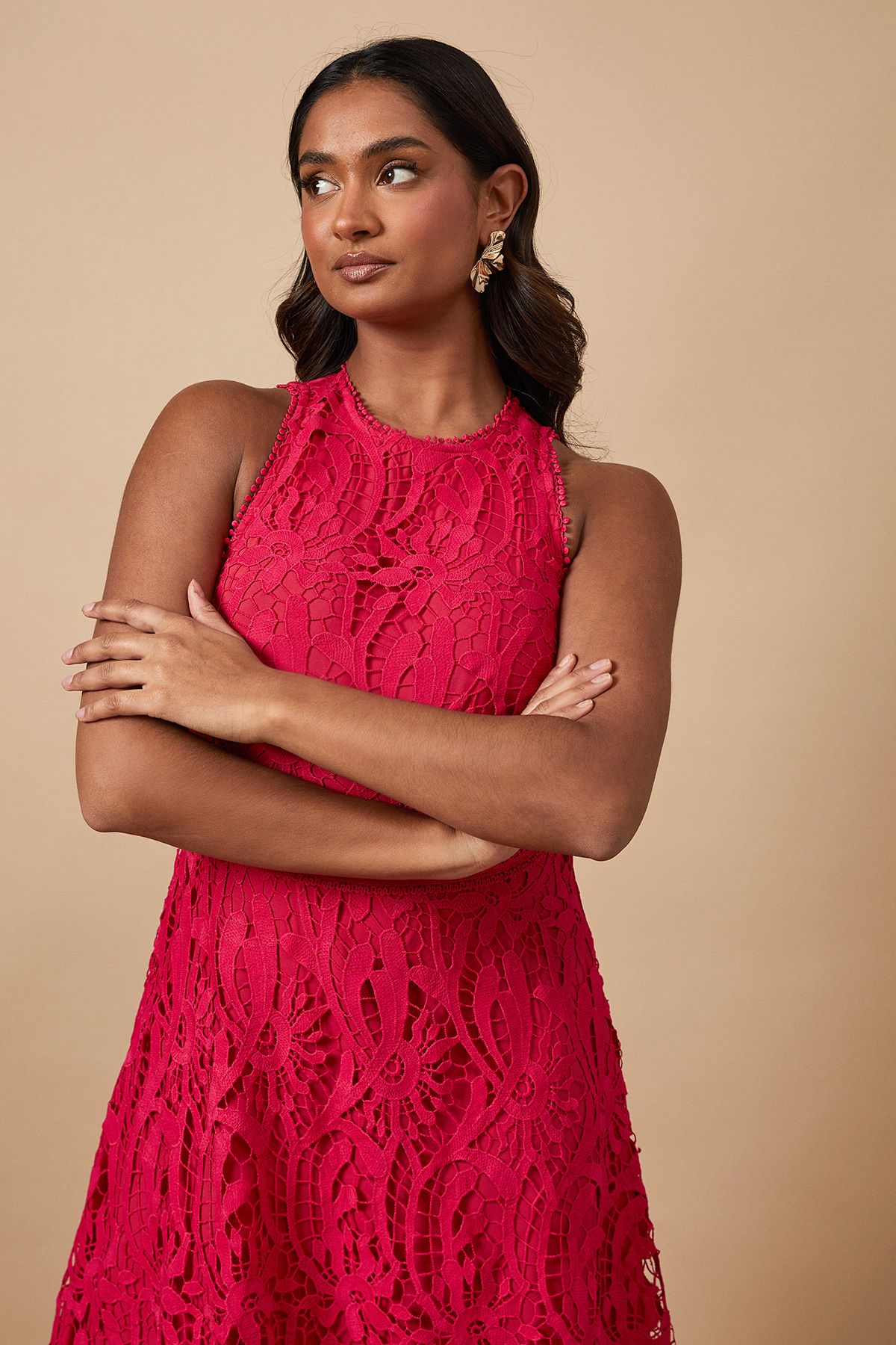 Oasis Lace Halterneck Dress Bright Pink image 5