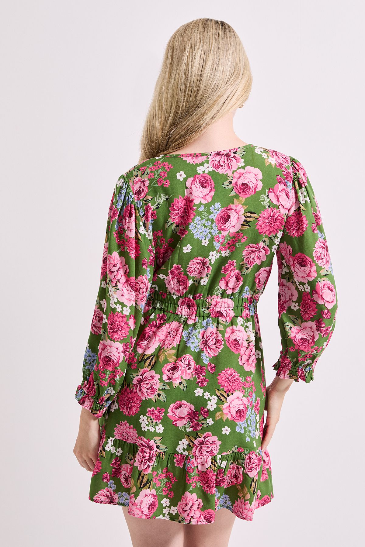 Dorothy Perkins Green Floral Wrap Front Blouson Sleeve Mini Dress Floral image 3