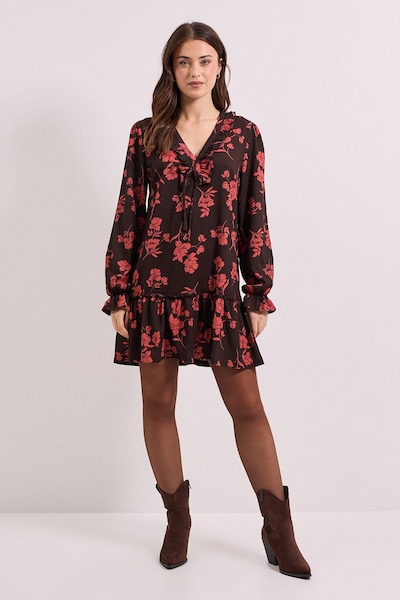 Dorothy Perkins Burgundy Floral Tie Detail Frill Neck Blouson Sleeve Tiered Mini Dress Burgundy