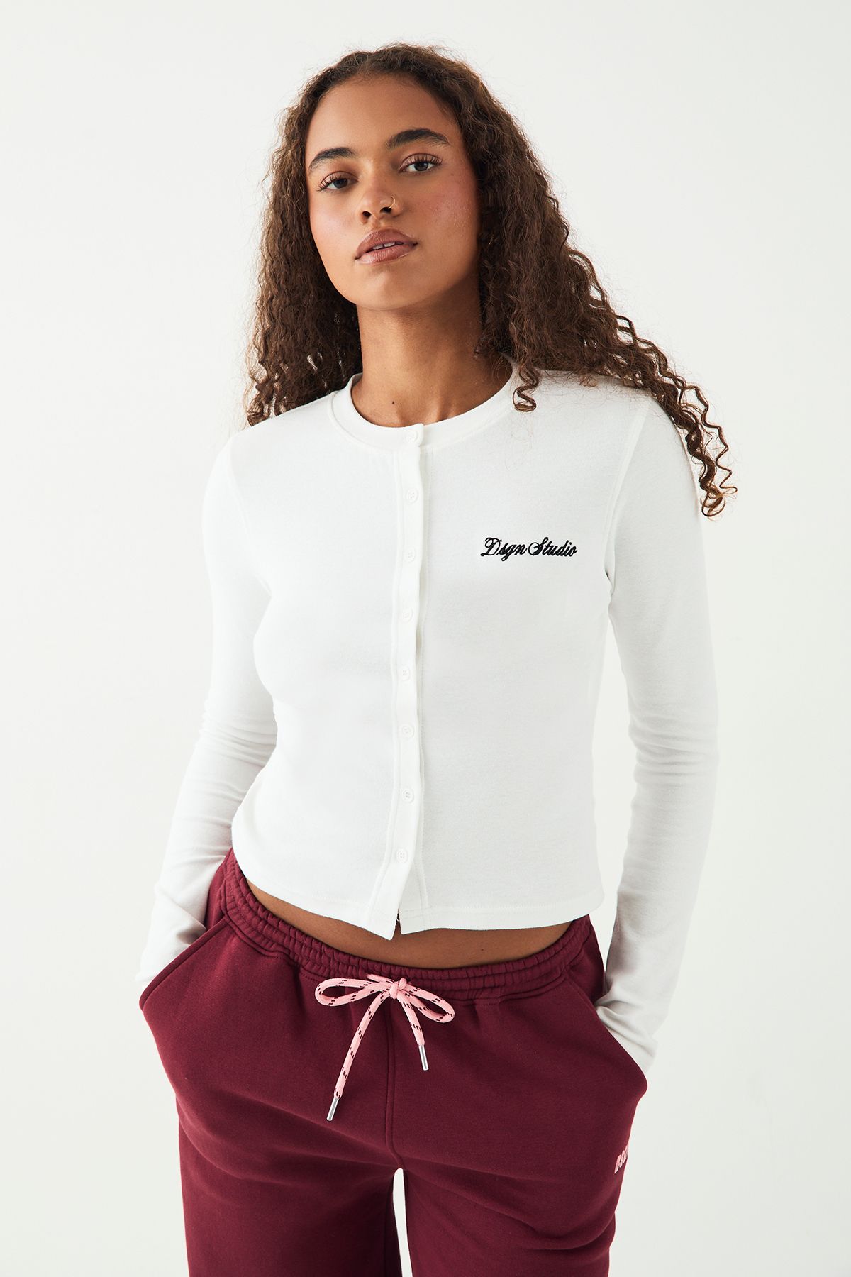 DSGN Studio DSGN Studio Ribbed Script Embroidery Button Through Long Sleeve Top White