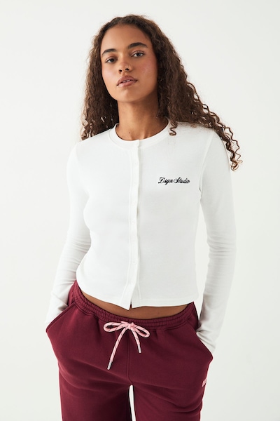 DSGN Studio DSGN Studio Ribbed Script Embroidery Button Through Long Sleeve Top White
