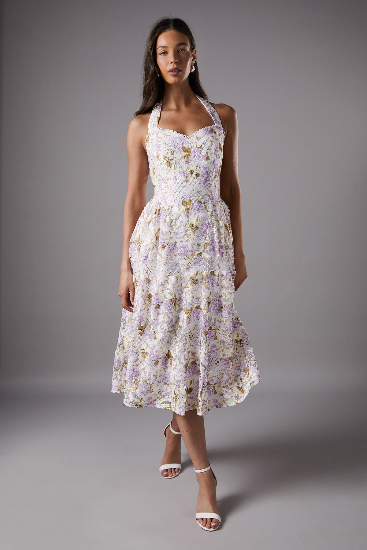 Coast Printed Lace Halter Neck Midi Dress White image 1