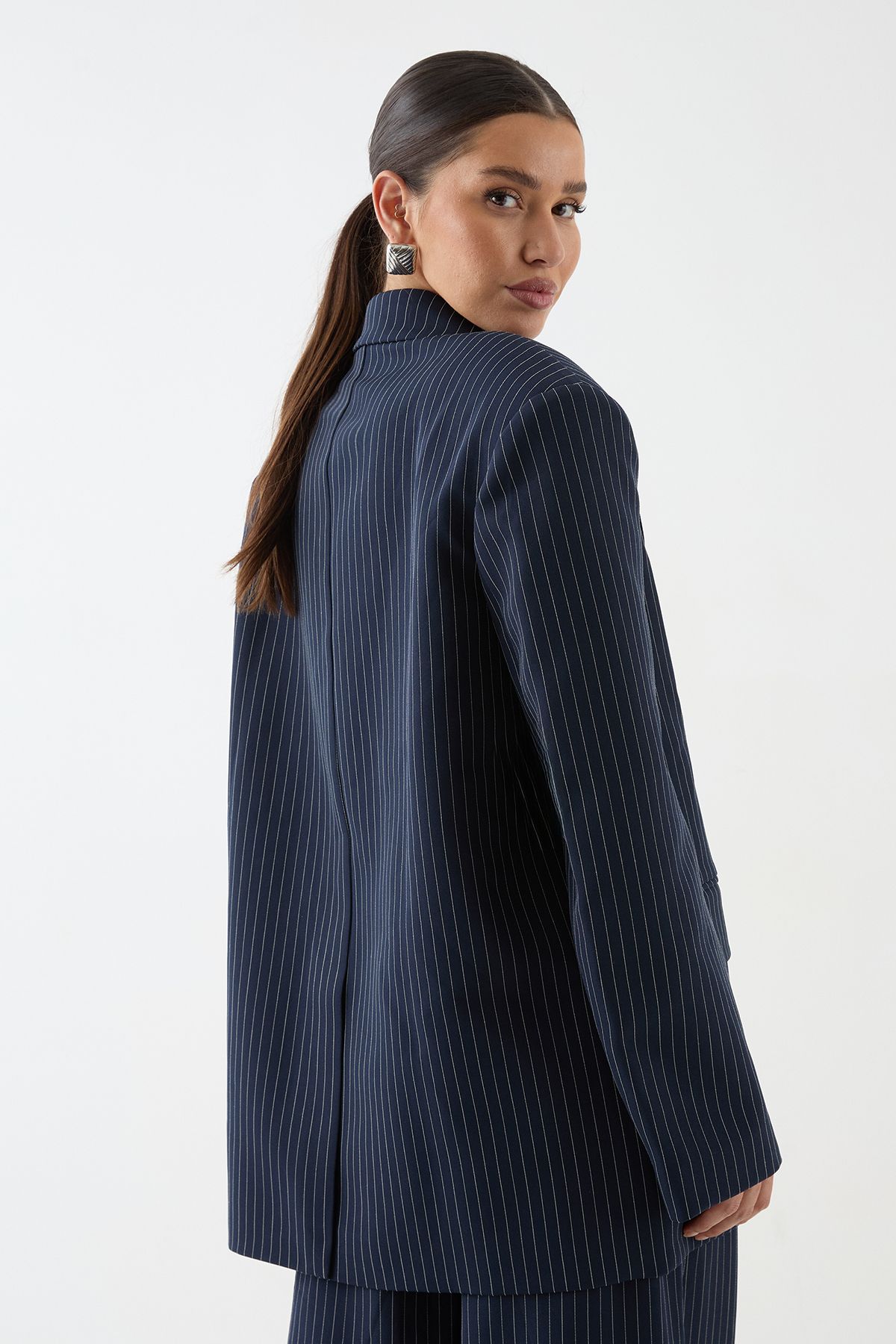 MissPap Premium Pinstripe Oversized Blazer Navy image 3