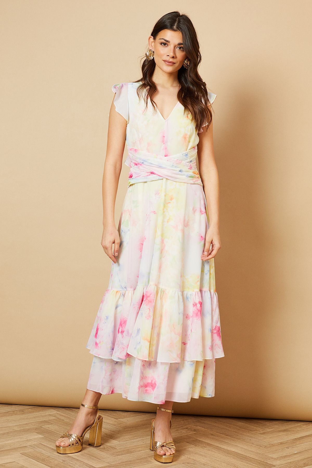 Oasis Printed Twist Front Detail Tiered Midi Dress Multi image 1