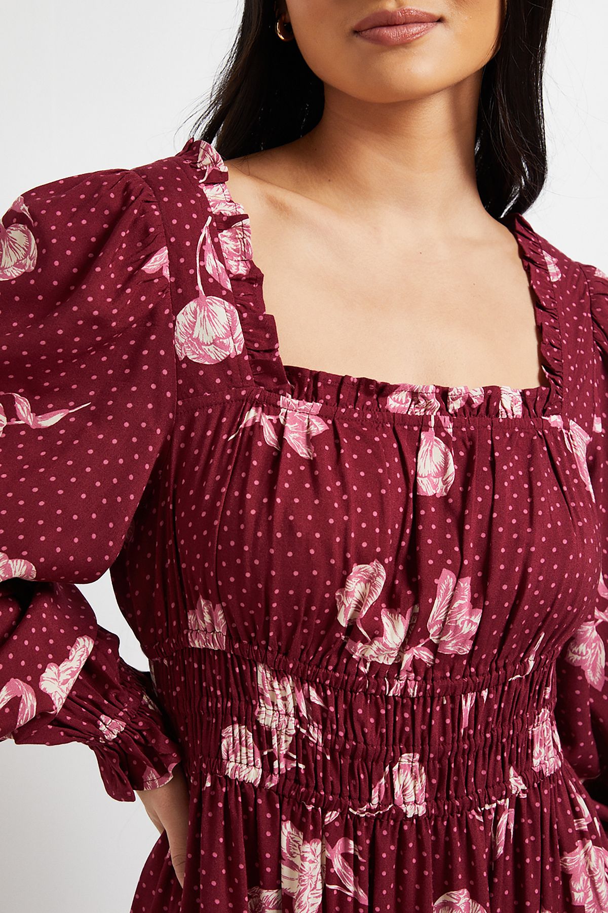 Dorothy Perkins Petite Berry Floral Square Neck Blouson Sleeve Tiered Maxi Dress Berry image 5