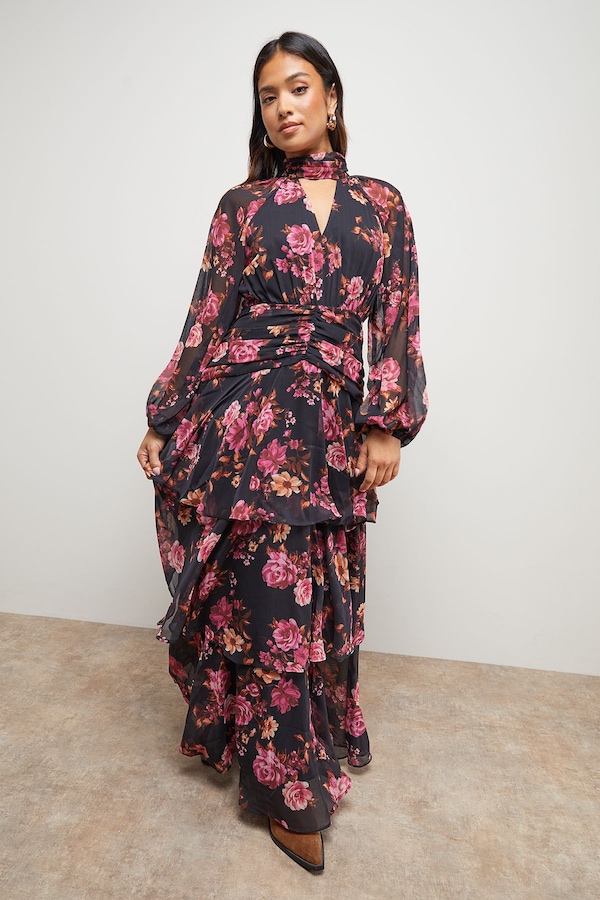Oasis Petite Printed Ruffle Tiered High Neck Maxi Dress Black