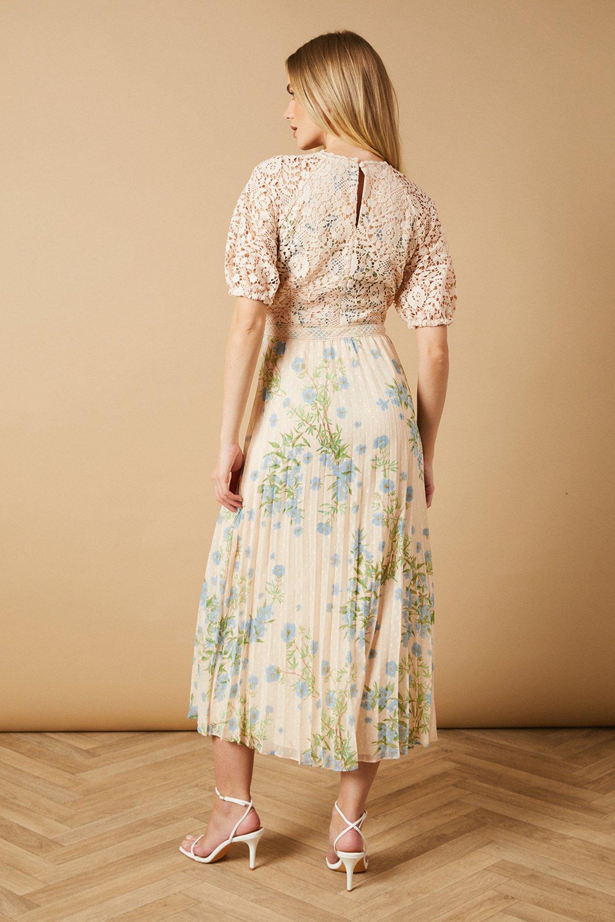 Oasis Occasion Floral Lace Bodice Pleated Midi Dress Ivory image 3