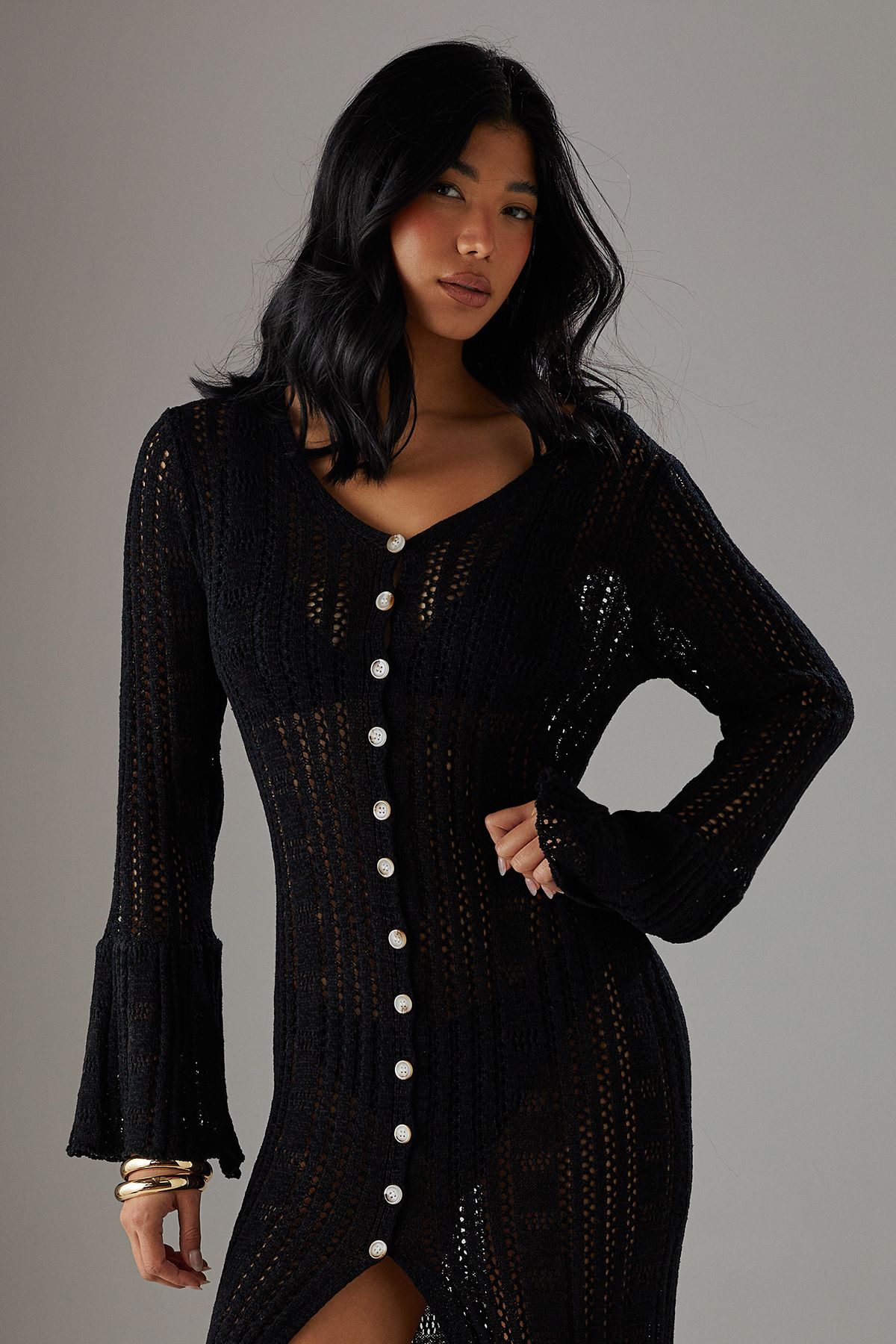 Warehouse Pointelle Button Down Knitted Midaxi Dress Black image 4