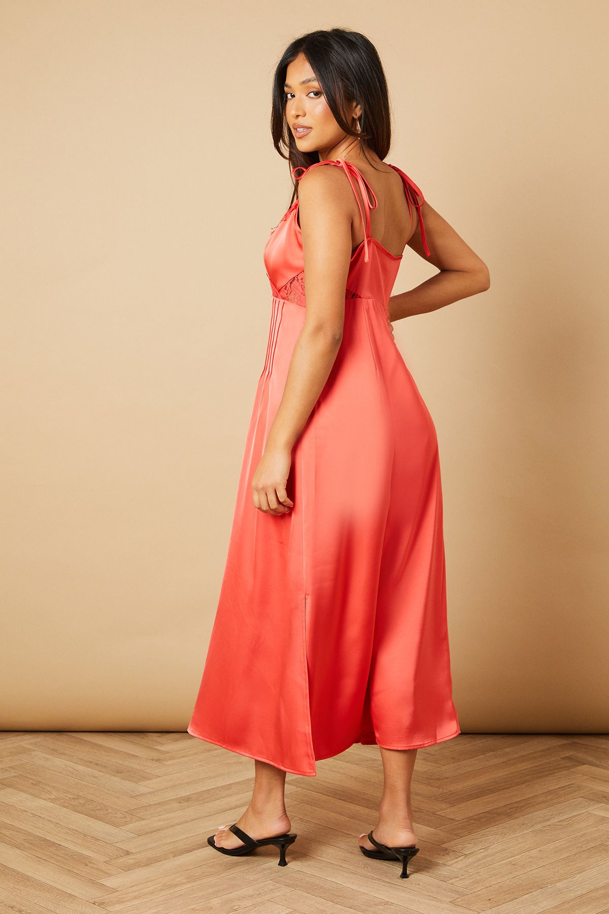 Oasis Petite Strappy Satin Lace Insert Midi Dress Hot Pink image 4