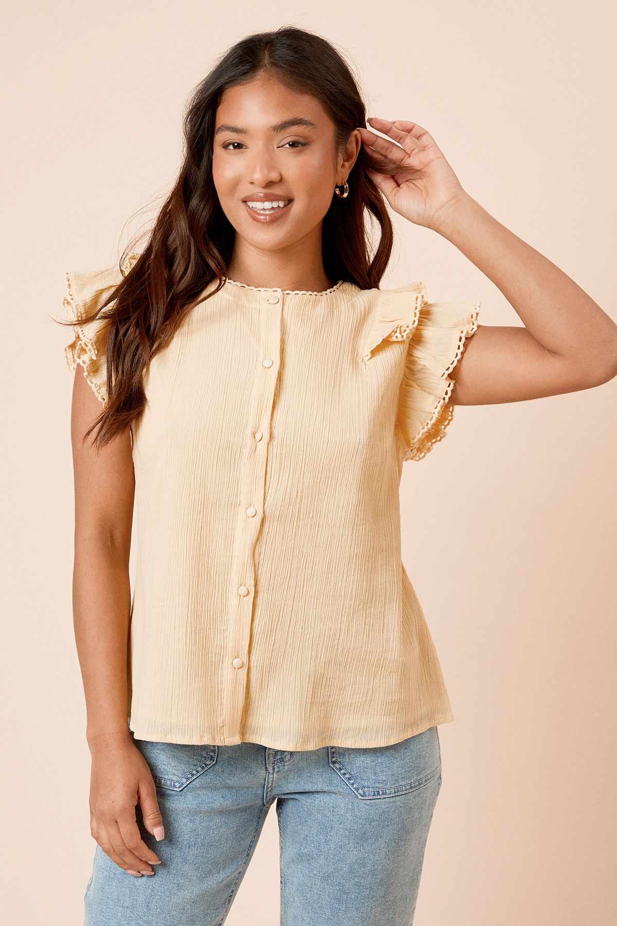 Dorothy Perkins Petite Lace Trim Button Up Top Lemon