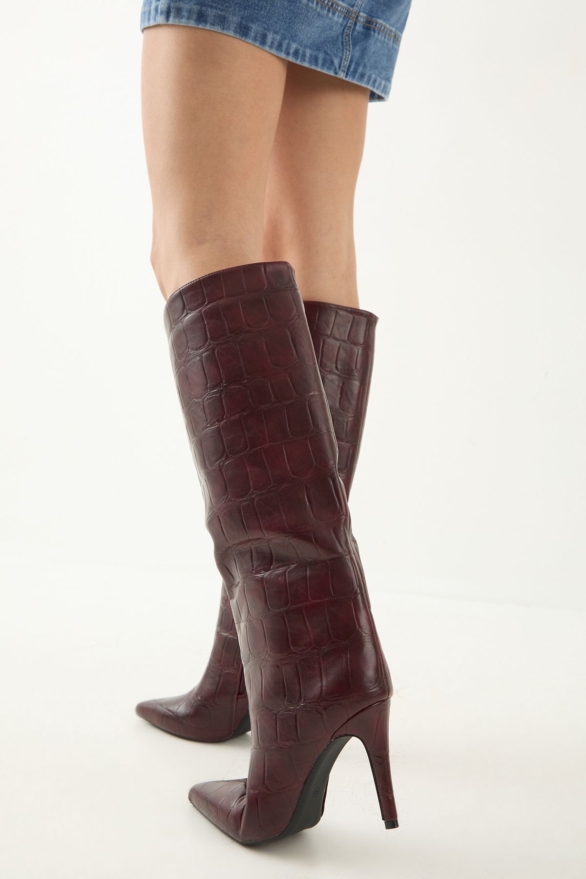 MissPap Faux Croc Print Leather Pointed High Stiletto Knee Boots Burgundy image 3