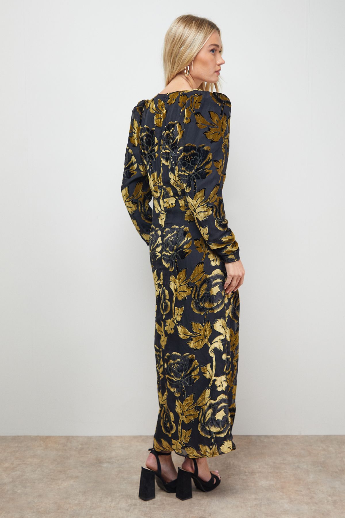 Oasis Floral Shoulder Pad Long Sleeve Midi Dress Gold image 3