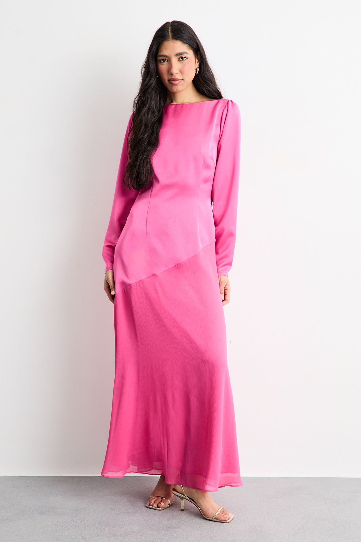 Warehouse Slash Neck Asymmetric Seam Detail Maxi Dress Pink image 1