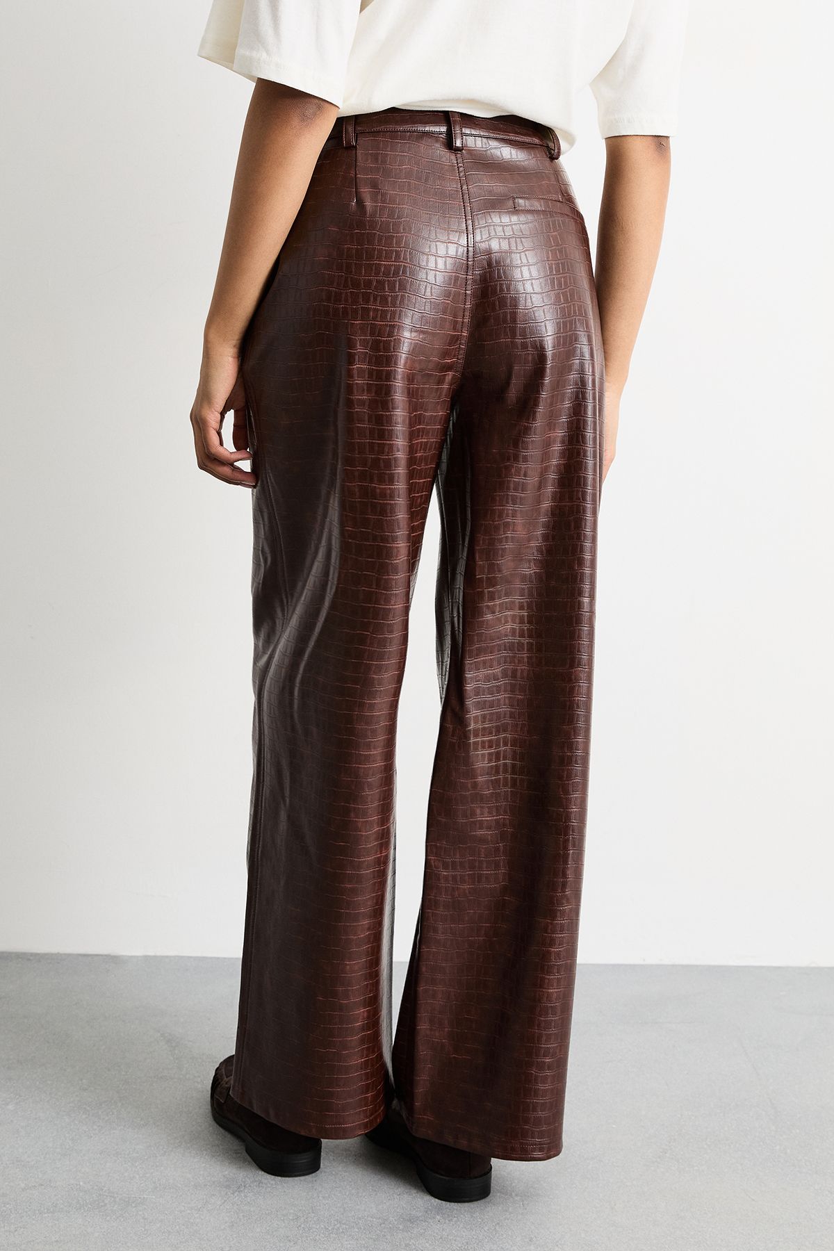 Warehouse Faux Leather Croc Embossed PU Straight Leg Chocolate image 3