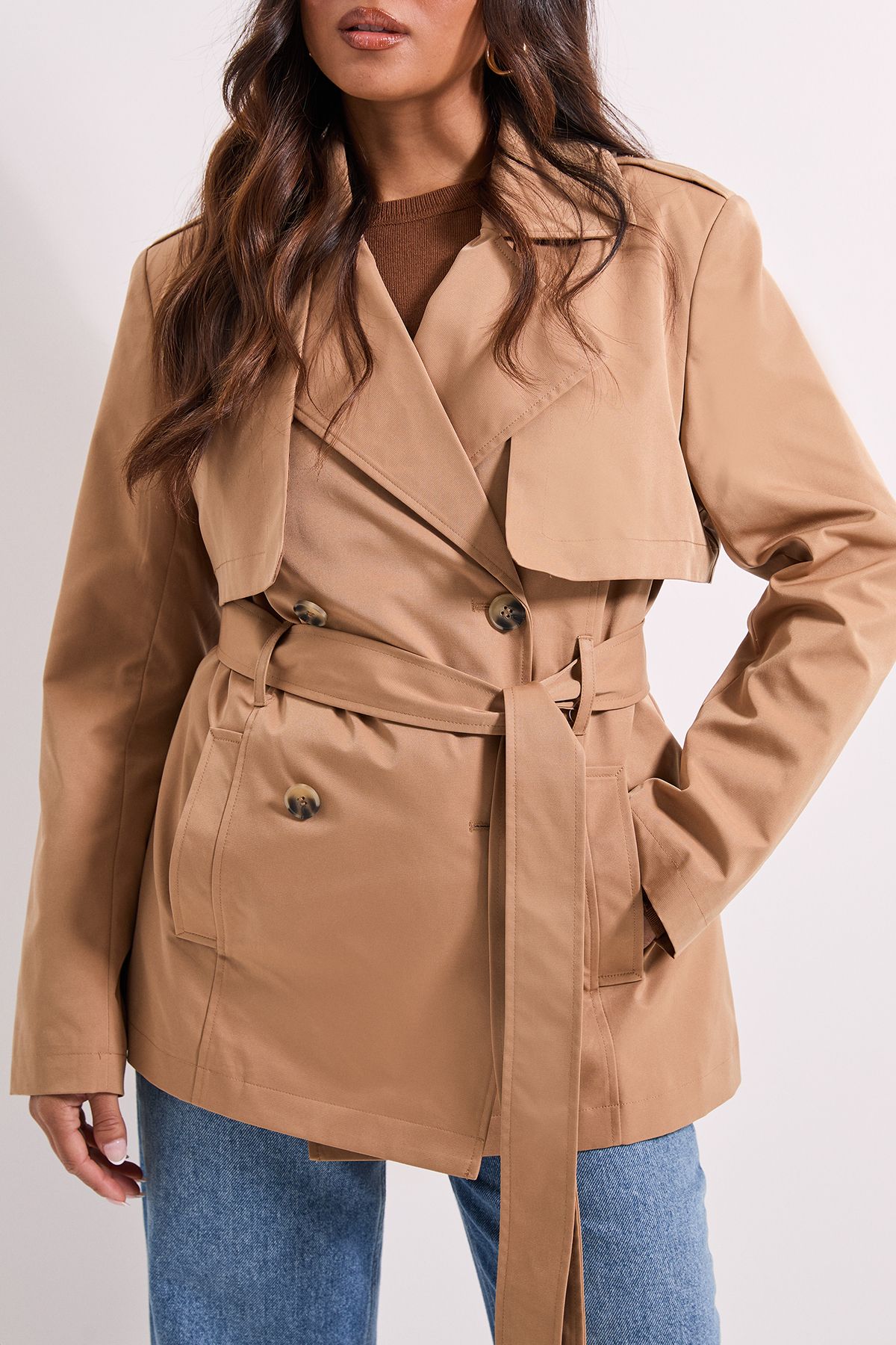 Dorothy Perkins Petite Double Breasted Belted Trench Coat Camel image 4