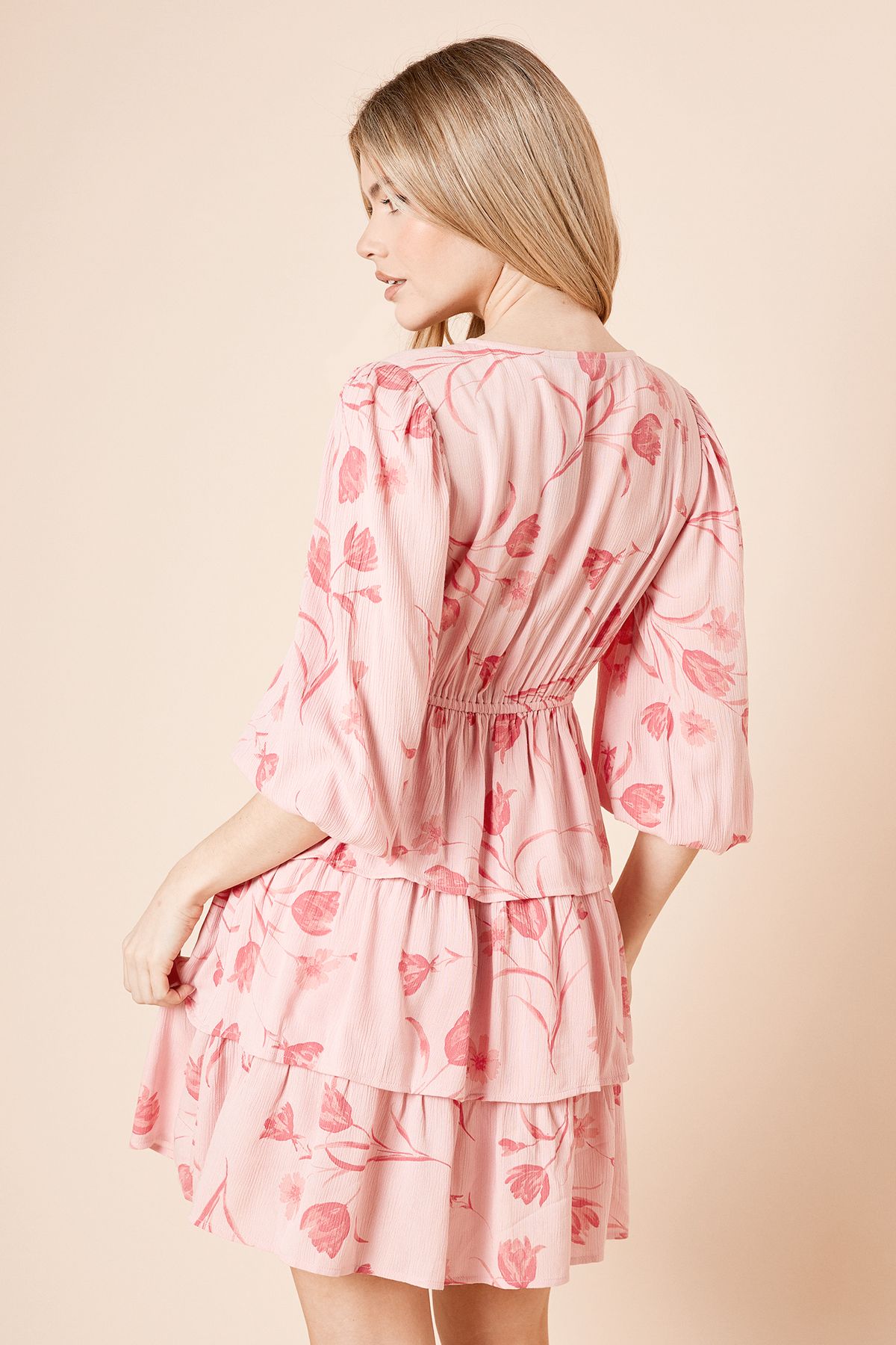 Dorothy Perkins Pink Wrap Front Tiered Blouson Sleeve Mini Dress Pink image 4