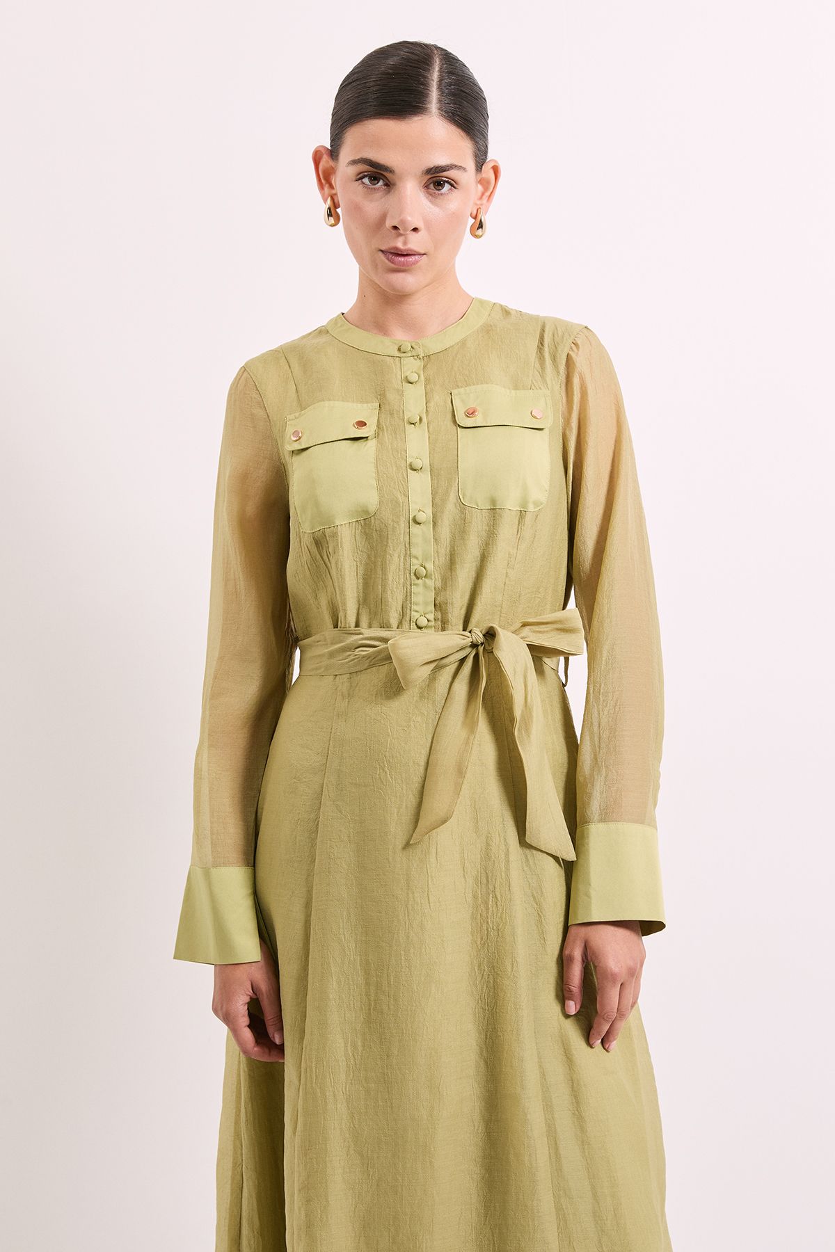 Principles Green Patch Pocket Detail Organza Shirt Dress Olive image 2