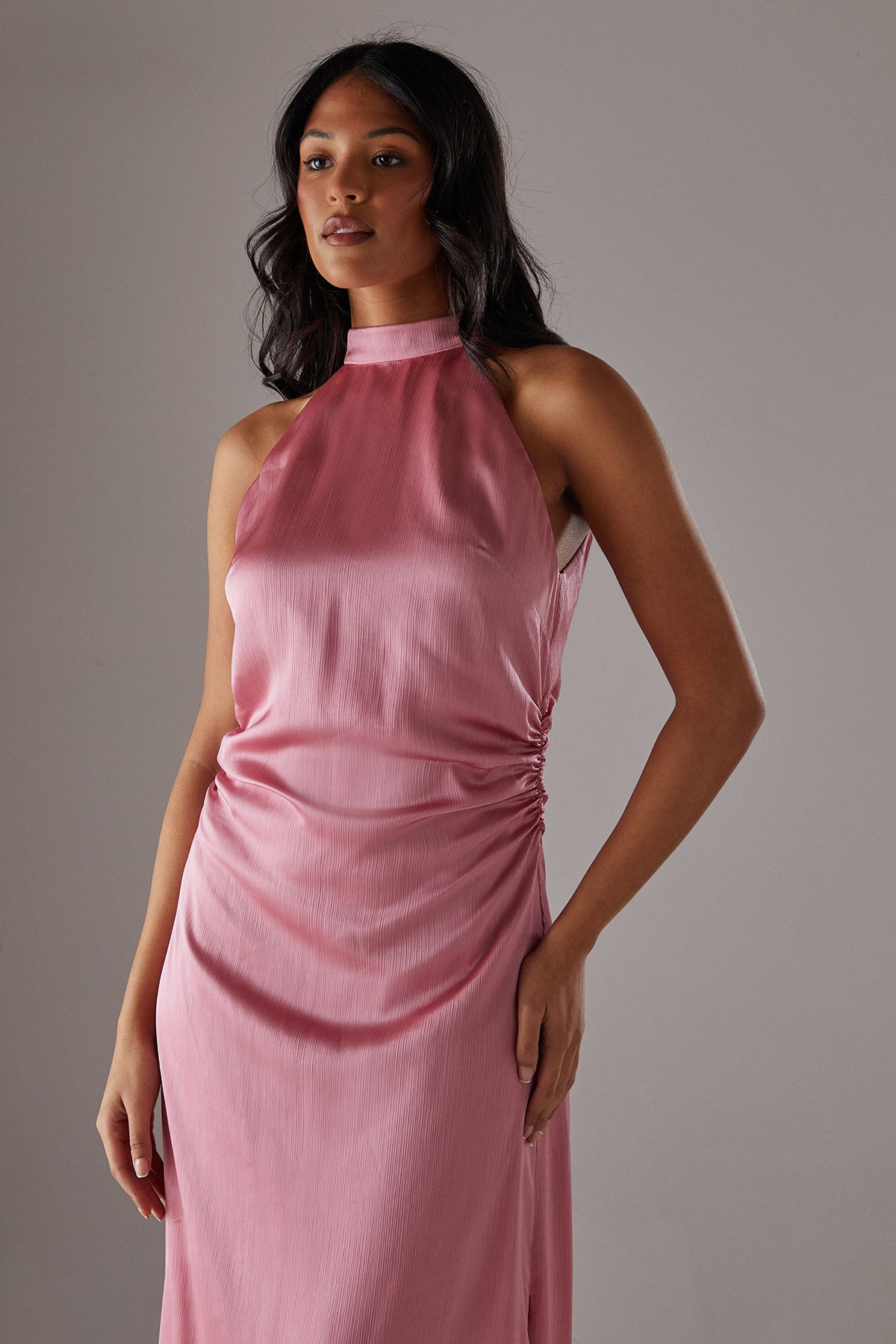 Warehouse Crinkle Satin Halter Fringe Midi Dress Dusty Rose image 2