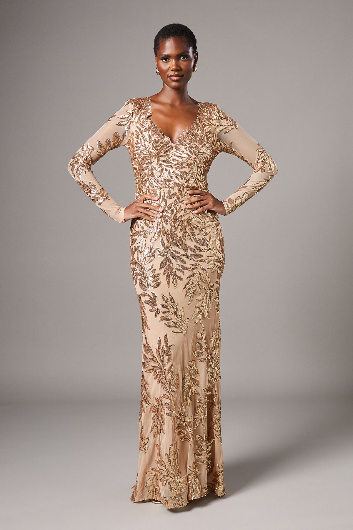 Coast Gold Long Sleeve Floral Sequin Maxi Dress PLT