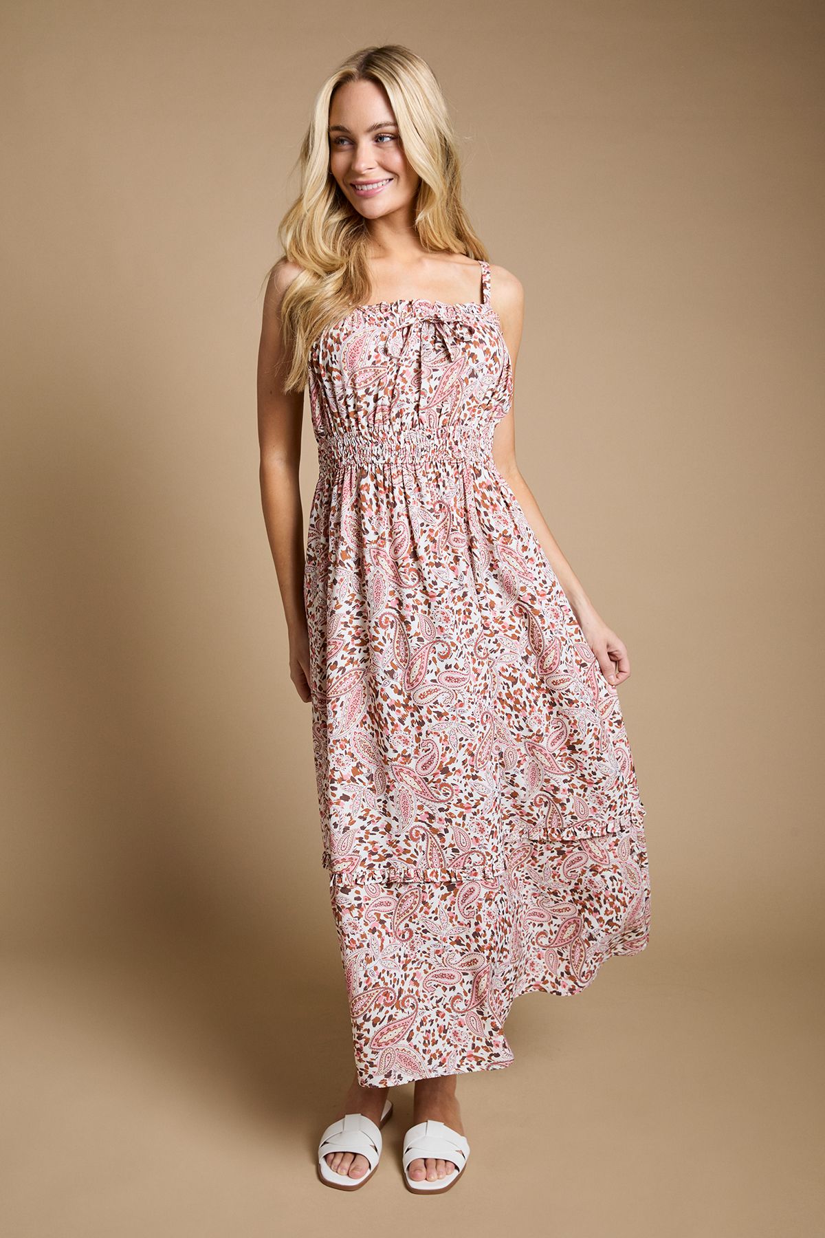 Dorothy Perkins Tie Frill Detail Strappy Tiered Hem Printed Maxi Dress Orange