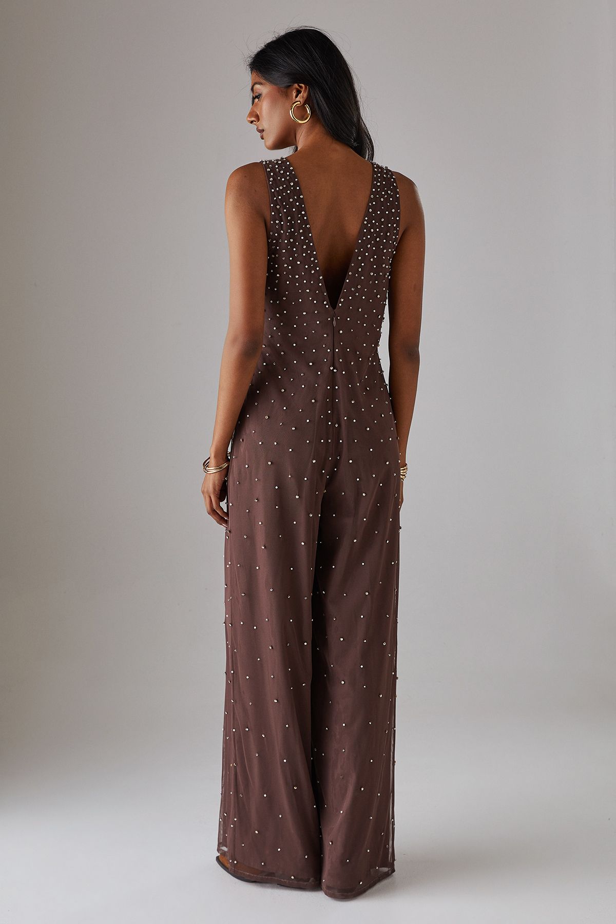 Warehouse Premium Hand Embellished Diamante Sequin Plunge Neck Jumpsuit Chocolate image 3