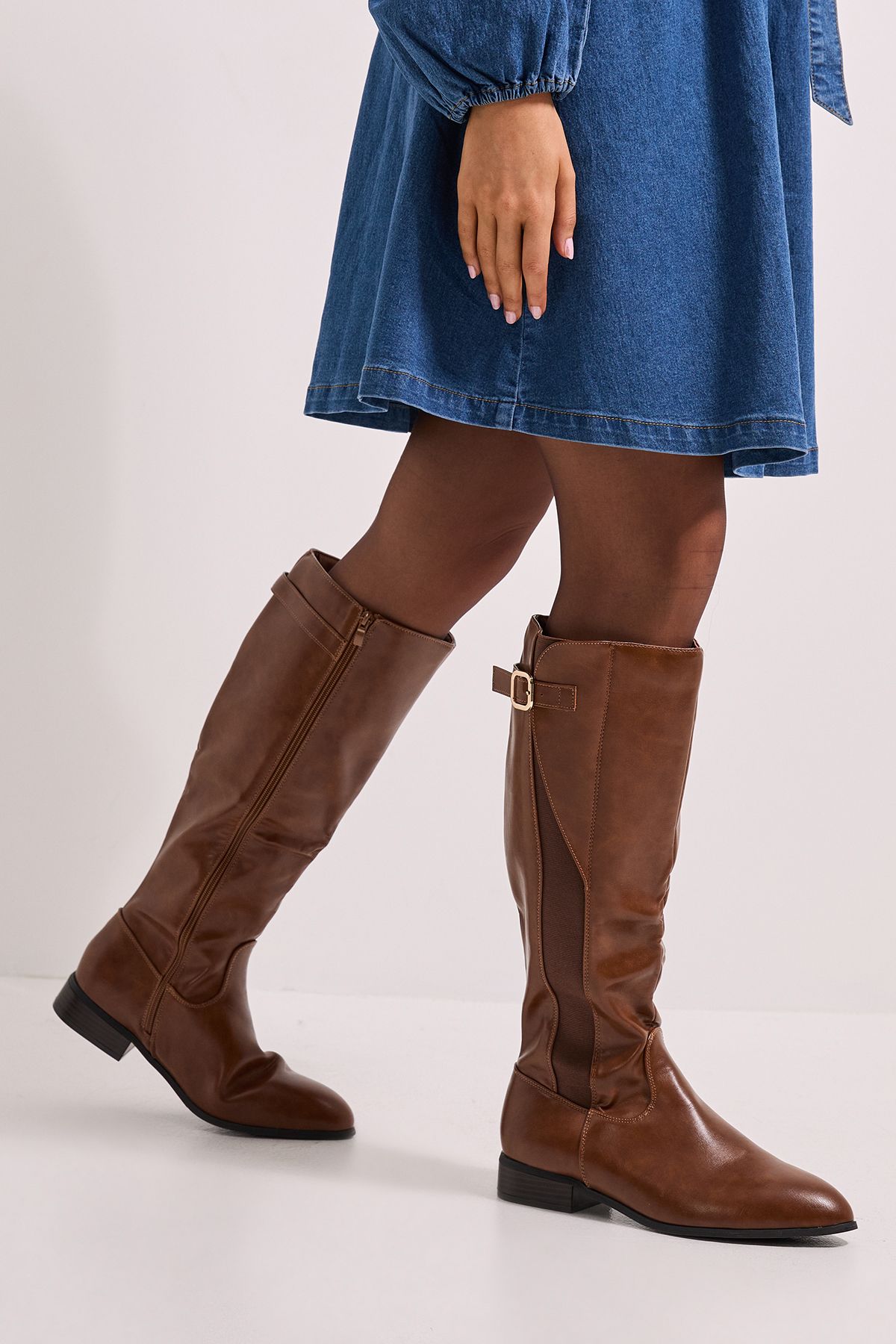 Dorothy Perkins Kamille Faux Leather Elastic Knee High Riding Boots Dark Tan image 3