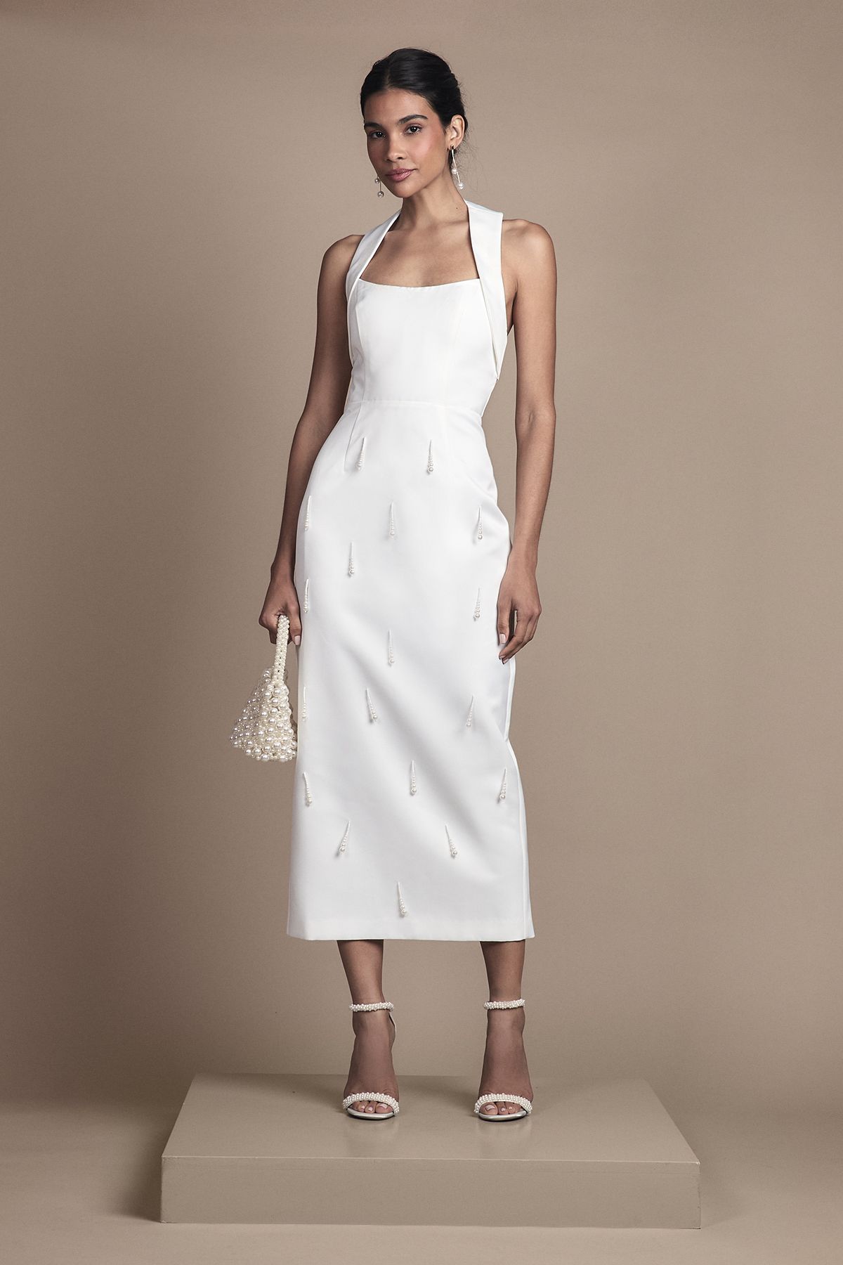 Coast Halter Satin Midi Wedding Dress With Pearl White