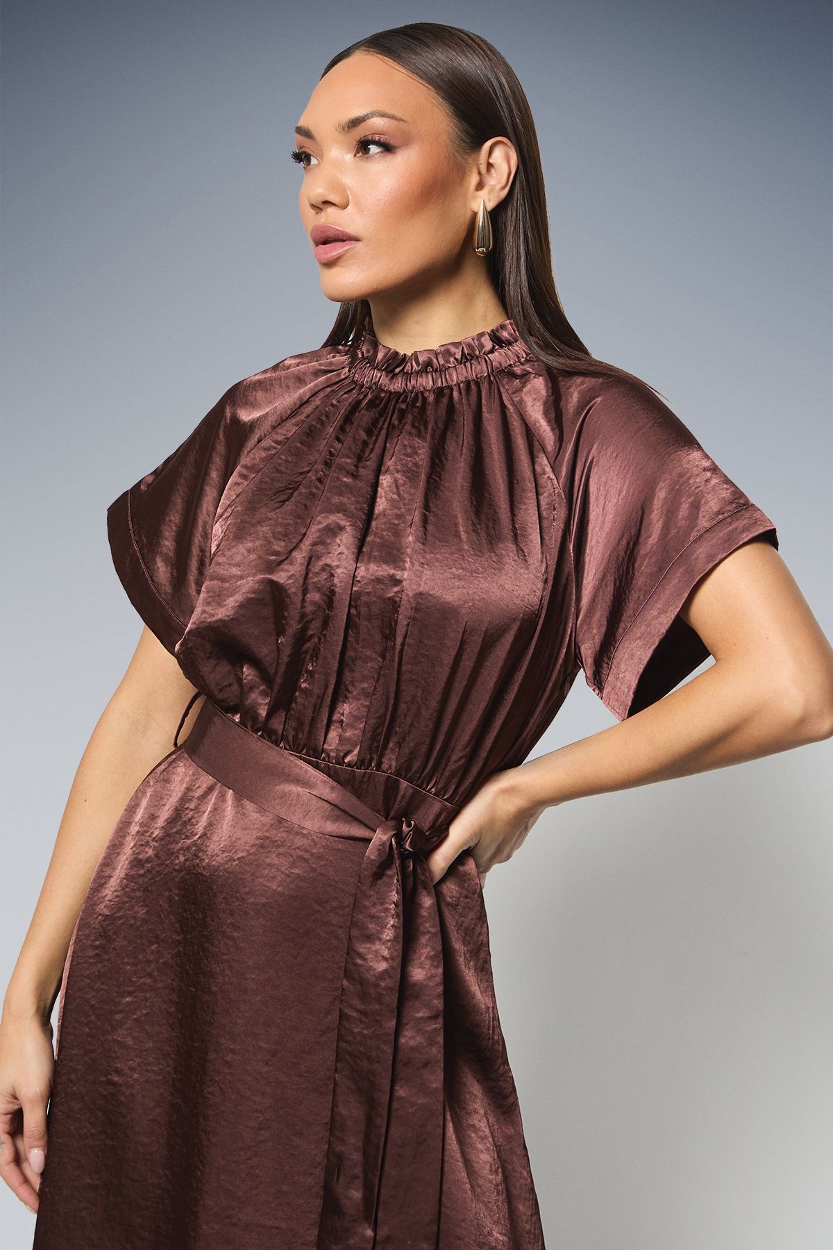 Principles Gathered Neck Flared Skirt Satin Midi Dress Chocolate image 4