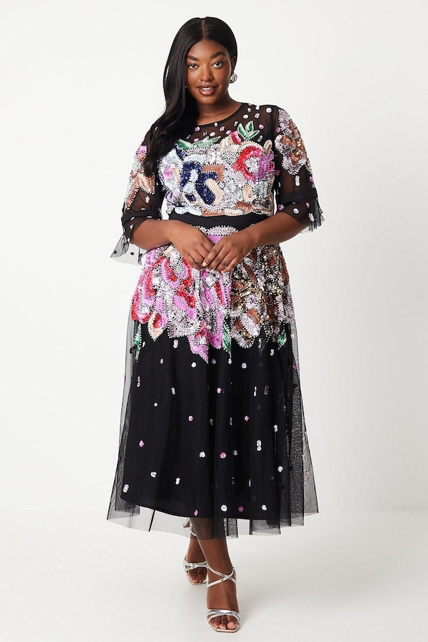Coast Plus Hand Embellished Mesh Midi Dress With Short Sleeve Black