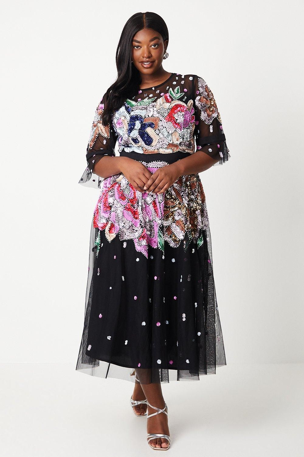 Coast Plus Hand Embellished Mesh Midi Dress With Short Sleeve Black