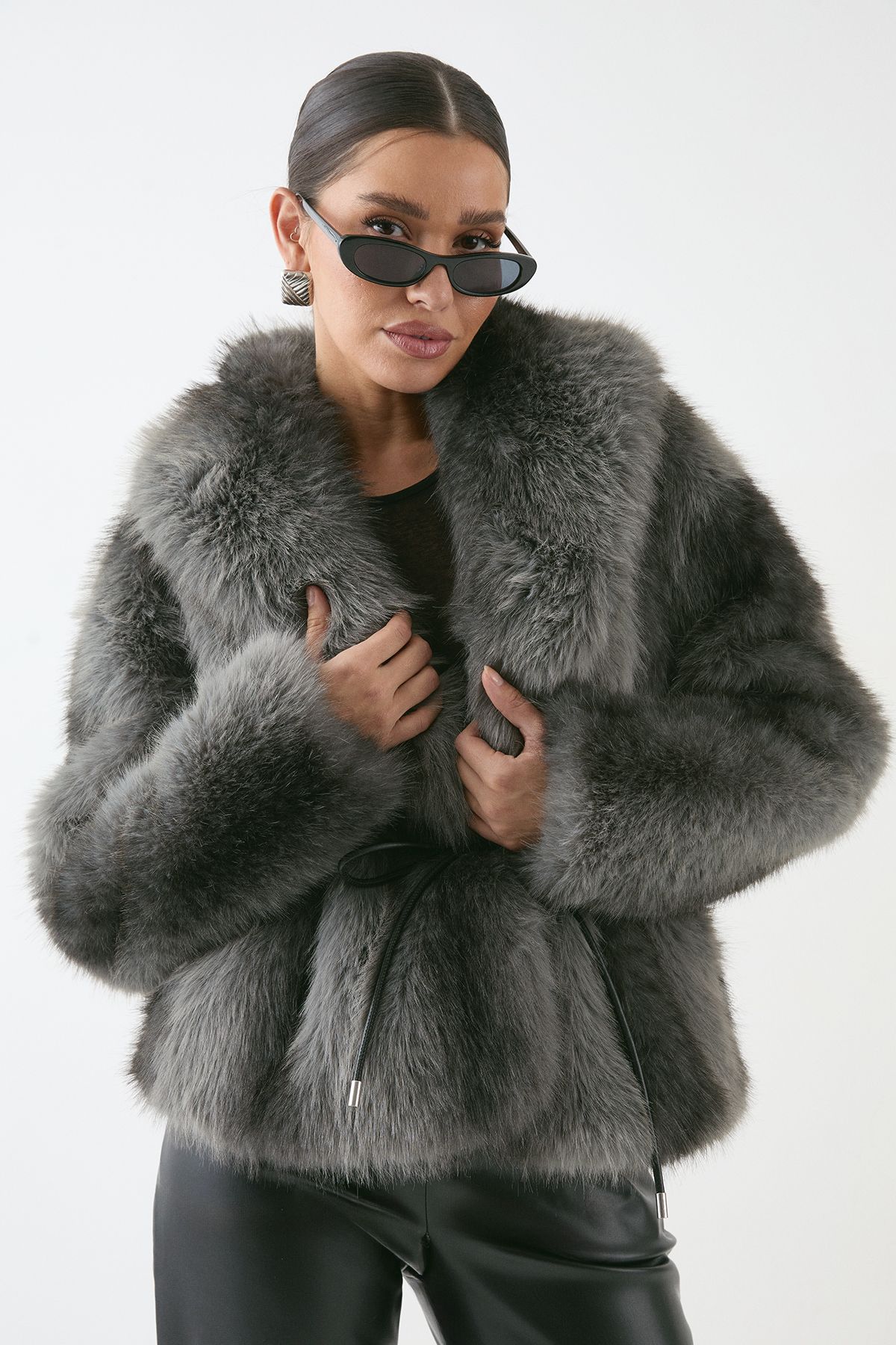 MissPap Faux Fur Wide Collar Belted Jacket Dark Grey image 1