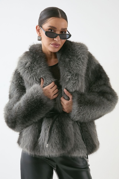 MissPap Faux Fur Wide Collar Belted Jacket Dark Grey